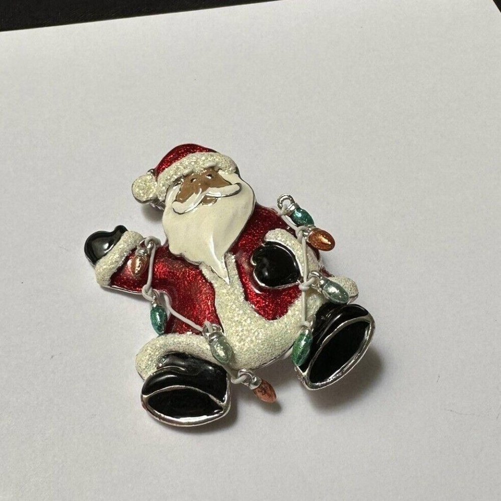 Enamel / Glitter Santa Claus Christmas Brooch Pin Silver Tone